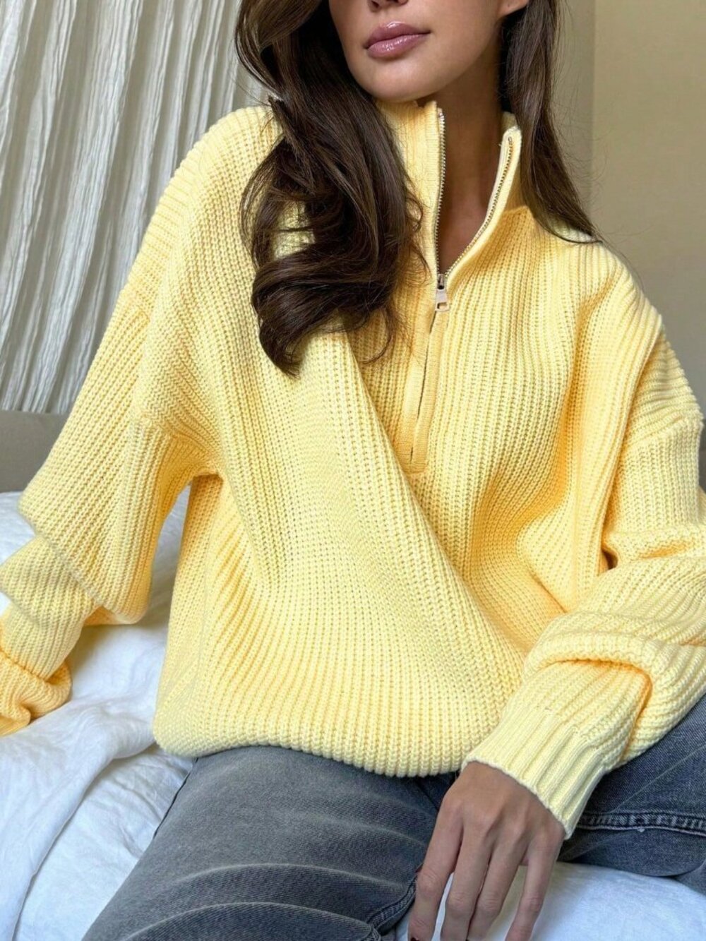 Yellow Women's Casual Stand Collar Pullover Long Sleeve Sweater